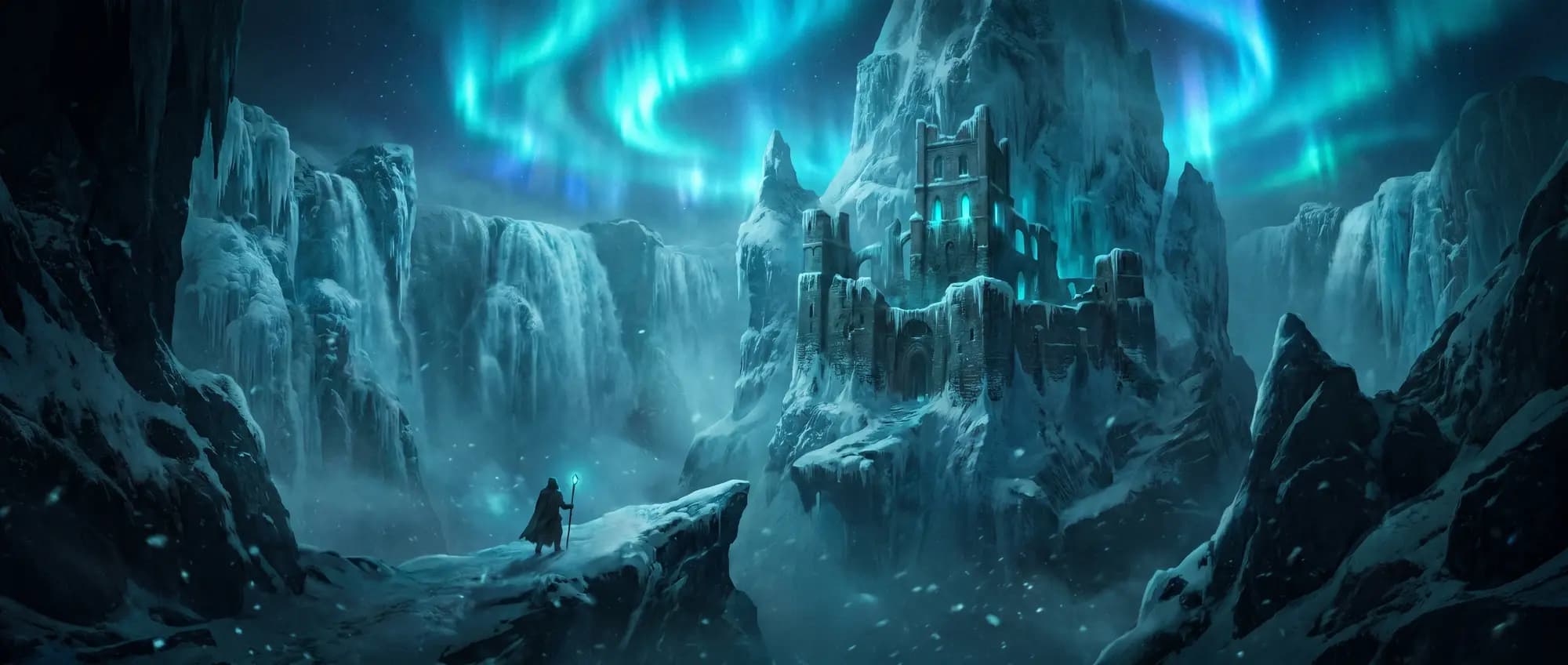 Picos glaciais e a cidadela de gelo sob a aurora