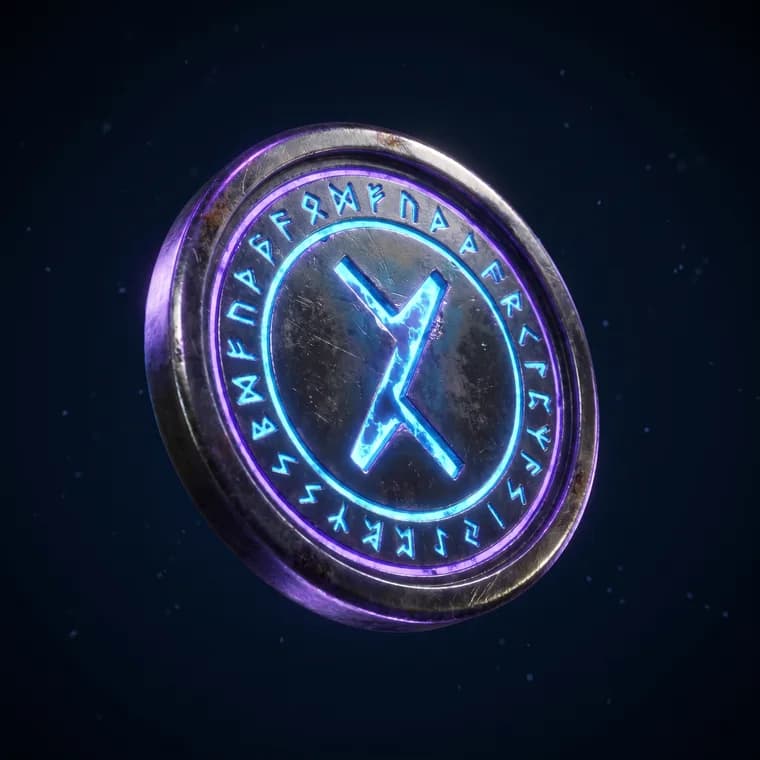 Moeda ZyronCoin com sigilo arcano brilhante